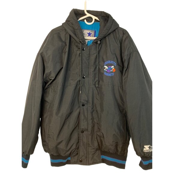 Vintage Starter Charlotte Hornets Jacket Black Hooded Puffer Large Retro 7353 - Picture 1 of 9